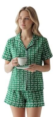 Anthropologie Ro's Garden Cora Short Slv Notch Collar Pima cotton Pajama Set S